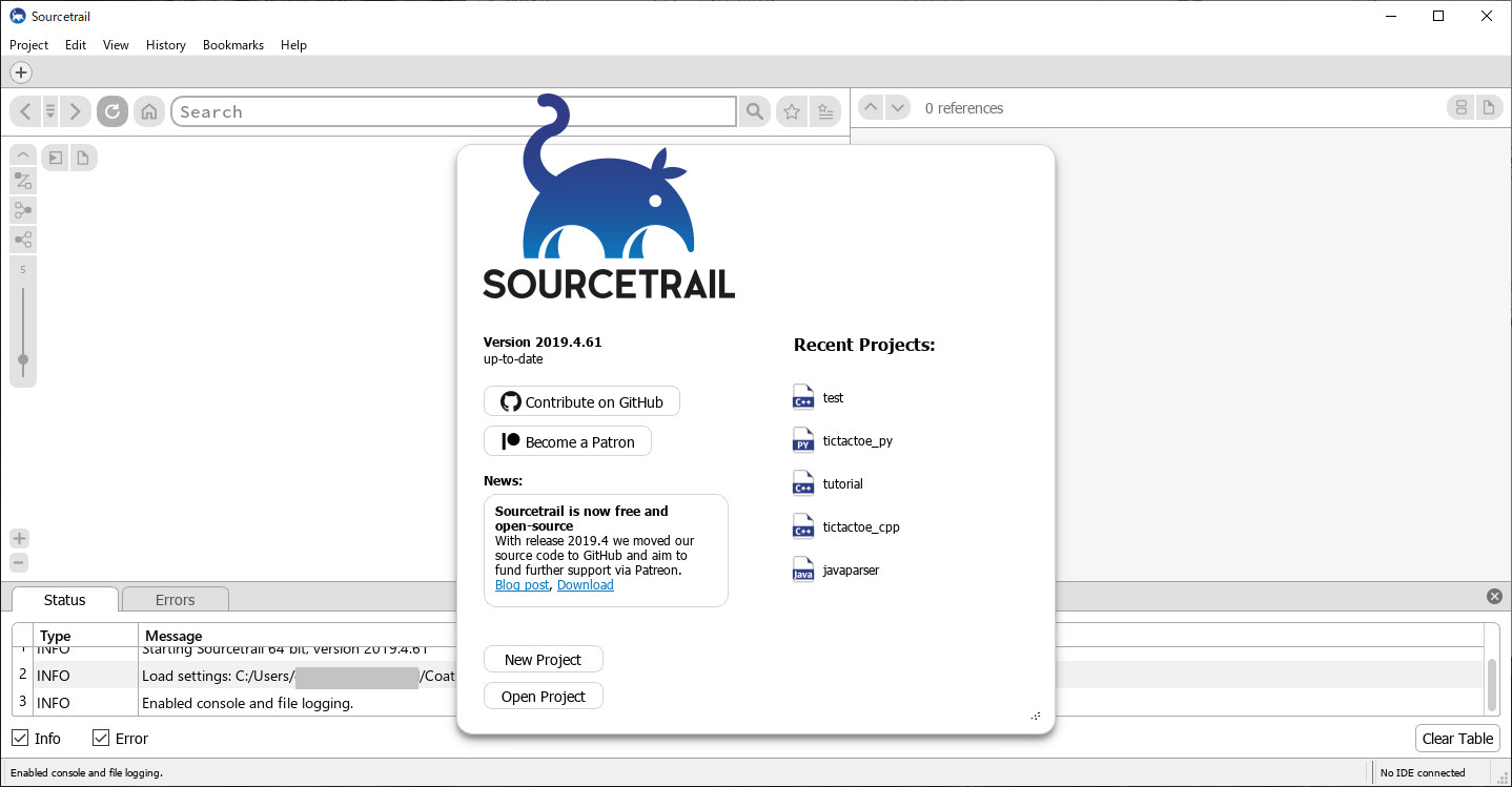 sourcetrail openning screen